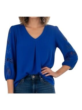 Brixon Ivy Royal Blue Cutout Eyelet Floral Sleeve V Neck Blouse Top Size S
